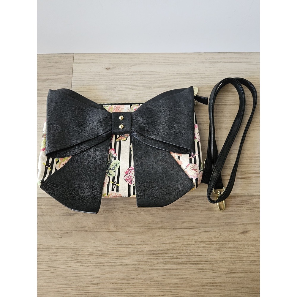 Betsey Johnson Vintage Floral Striped Big Bow Crossbody Clutch Purse